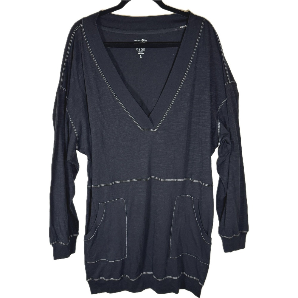 Natural Life Tunic Dress Women Large Black Contrast Stitch V-Neck Boho